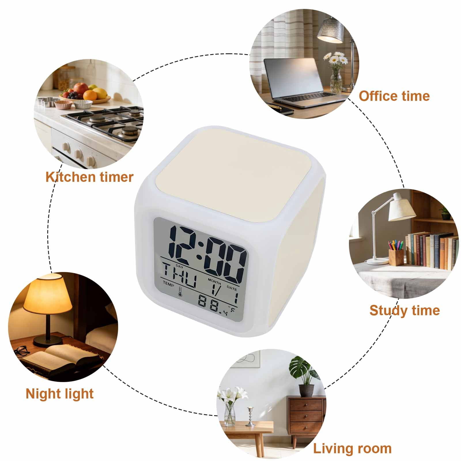 Cream Digital Alarm Clock for Bedrooms, Smart LED Alarm Clock with 7 Color Changing Night Light, Modern Pure Beige Silent Wake Up Clocks for Sleep Study Cooking 3.2"x3.2"