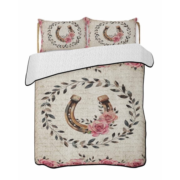 Quilts Queen Size Bedding Set, Pink Roses Reversible Summer Quilt 3 Pieces, Spring Horseshoes Floral Leaves Vintage Lightweight Bedspreads Coverlets with 2 Pillow Shams for All Seasons