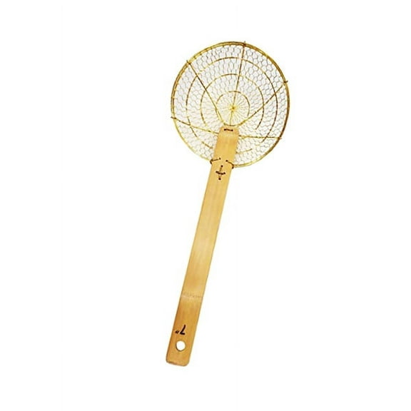 Sunrise 7" Round Brass Spider Strainer with Bamboo Handle