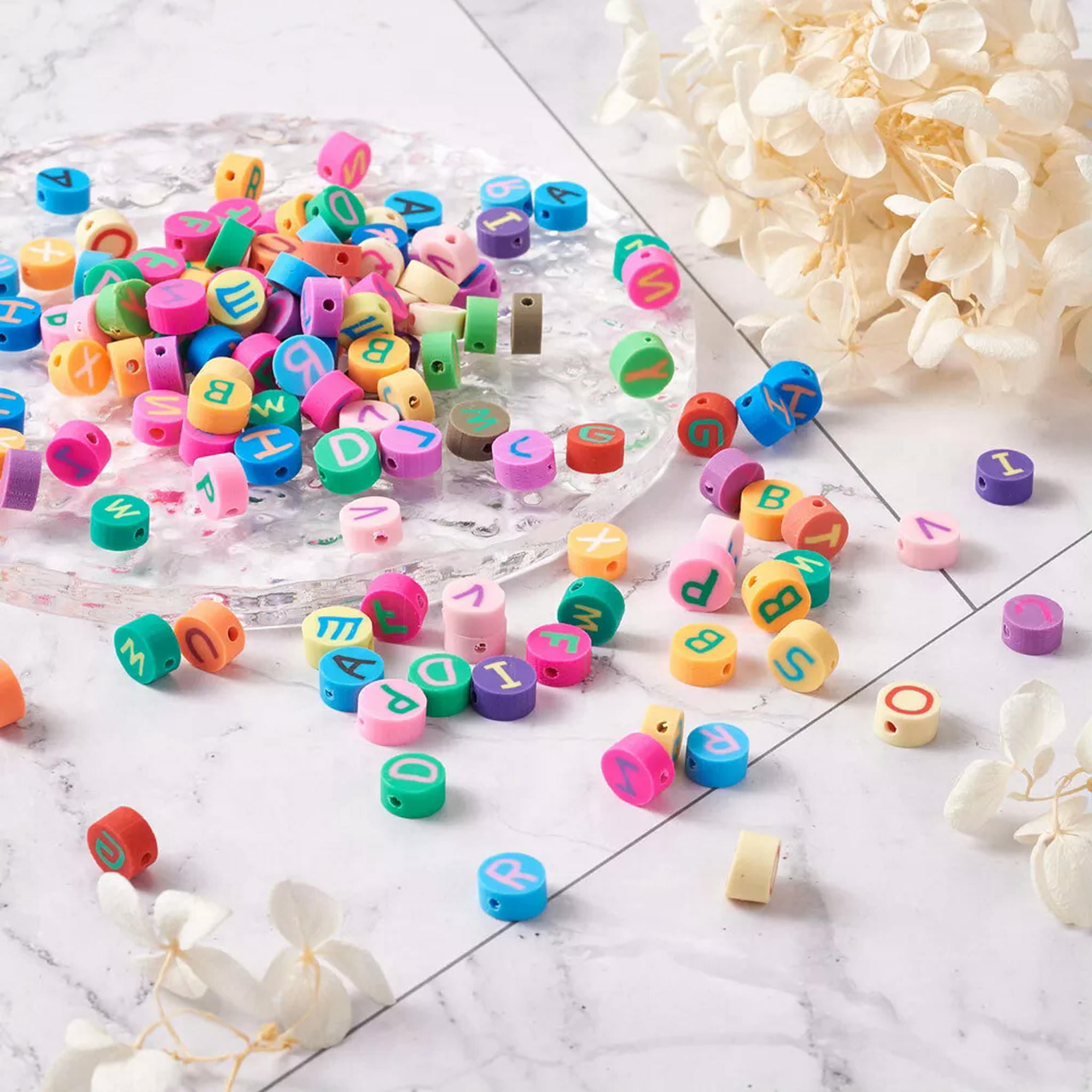 EOEMY 300Pcs 10mm Colorful Flat Round With Letter Handmade Polymer Clay Disc Beads
