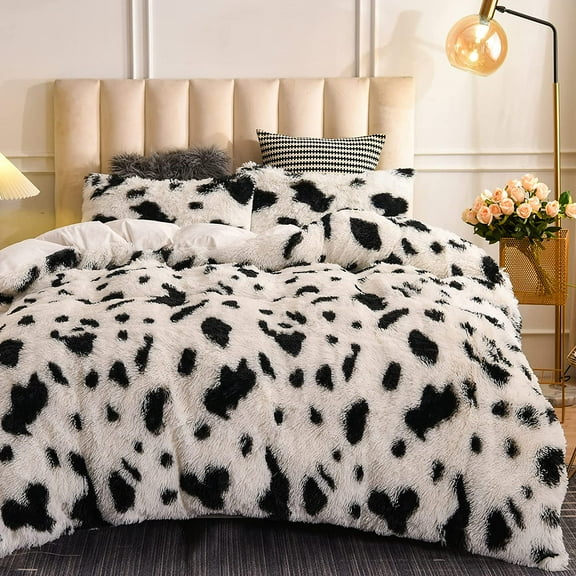 Plush Shaggy Duvet Cover Set Faux Fur Fuzzy Cow Print Bedding Comforter Cover & Sets, Luxury Ultra Soft Crystal Velvet Reverse Fluffy Quilt Cover Set 3 Pcs (White, Queen)