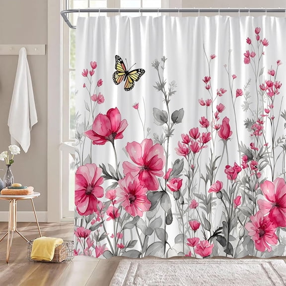 Watercolor Pink Floral Shower Curtain with Butterfly for Bathroom 71x71 inches