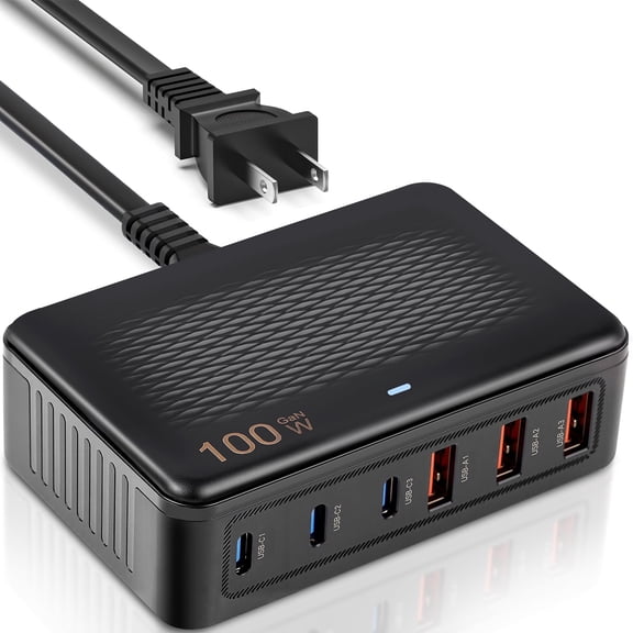 Fast Charger USB C Charger Block , 100W GaN 6 Port Type C Charging Station Hub, Wall Charger Power Strip Adapter Plug for iPad iPhone 16 15 14 13 12 Pro Max Pixel Note Galaxy, 5ft Cord (Black)