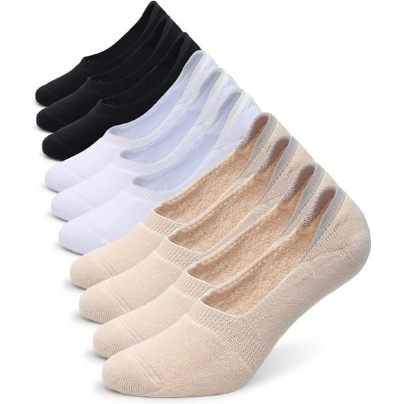 Mictong cotton sports and leisure low top flat bottomed anti slip boat socks, shallow mouth cotton short socks, anti slip heel boat socks, 5 pairs, Black and white beige