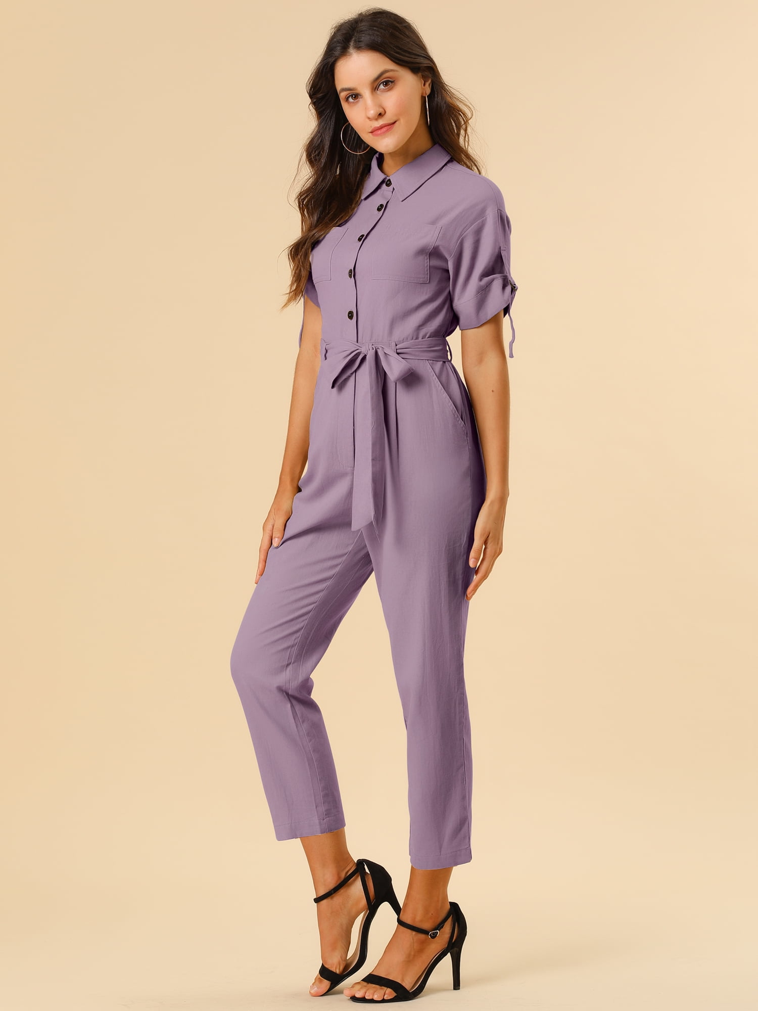 DARING DIVA Women's Button Up Tie Waist Jumpsuit with Pockets XS Dusty Purple
