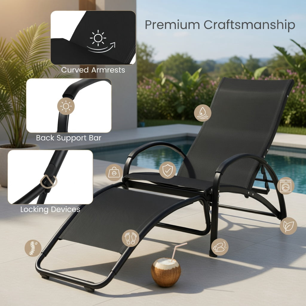 Hommoo 2-in-1 Aluminum Rocking Lounge Chair with 4-Position Adjustable Backrest, Weather-Resistant Patio, Poolside & Balcony Seating, Black