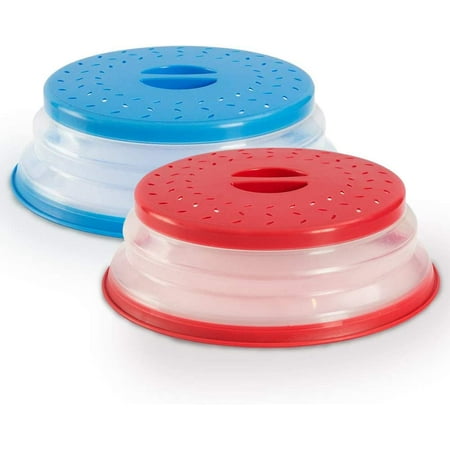 

2PCS Retractable Microwave Cloche Folding Lid Splash Guard Cover Strainer for Fruits and Vegetables BAP Free and Non-Toxic (Red And Blue)