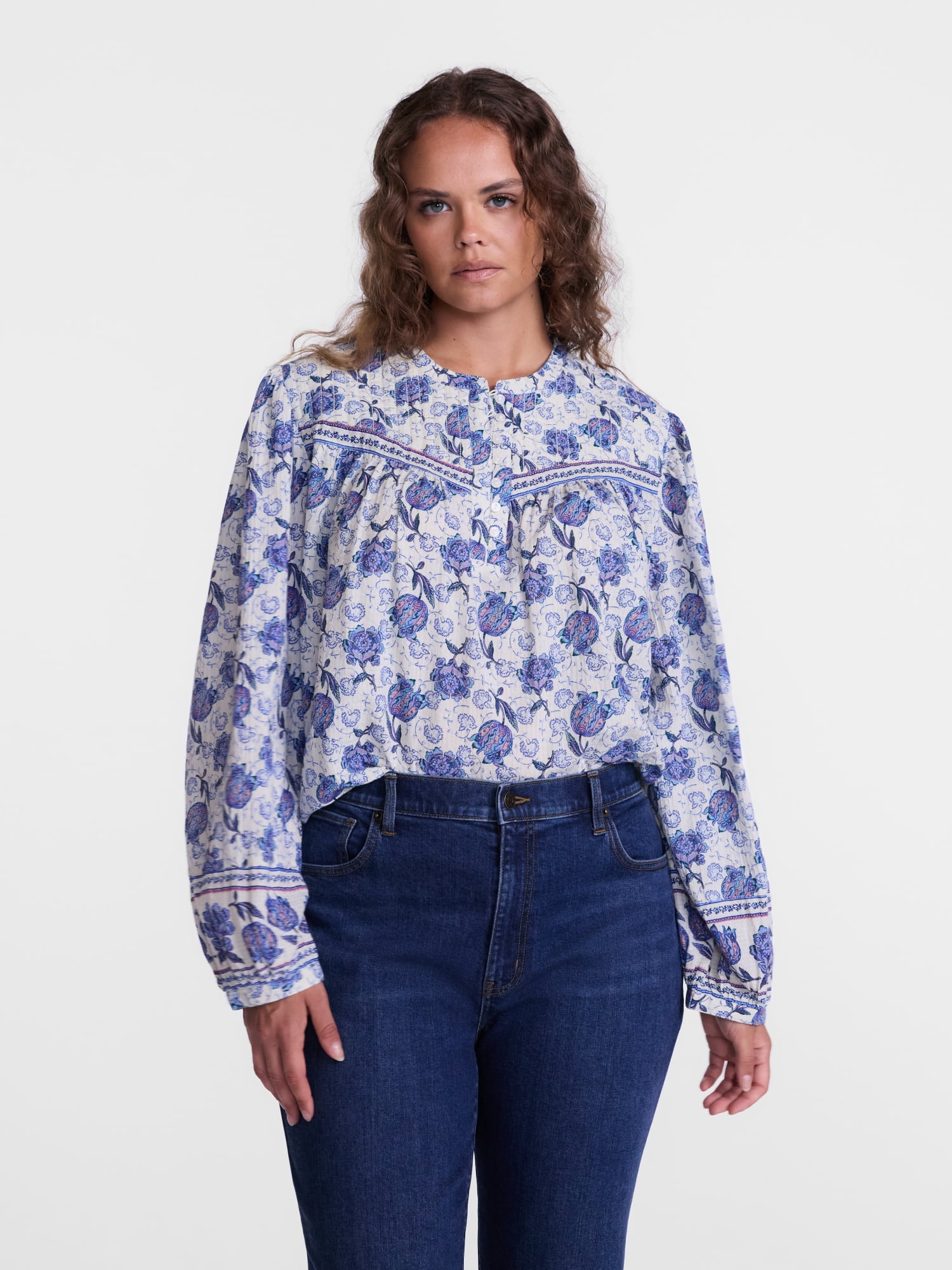 Scenario Women's and Women's Plus Quilted Detail Long Sleeve Top, Sizes XS-4X