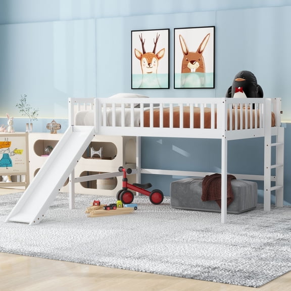 MODERNLUXE Loft Bed with Ladder and Slide, Full, White