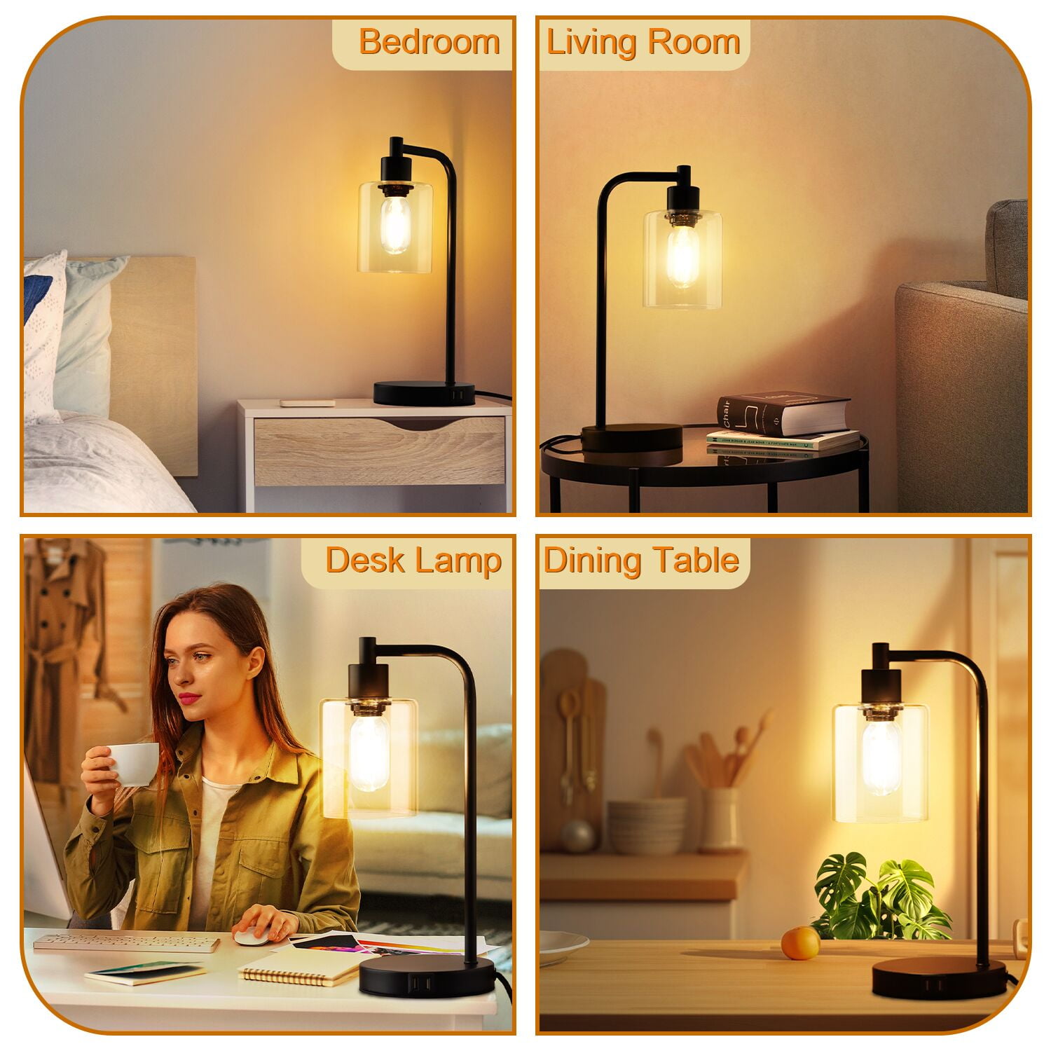 Walchoice Table Lamp Set of 2, Touch Control Desk Lamp with 2 USB Charging Ports, 3-Way Dimmable Nightstand Lamps with Glass Shade for Bedroom Living Room
