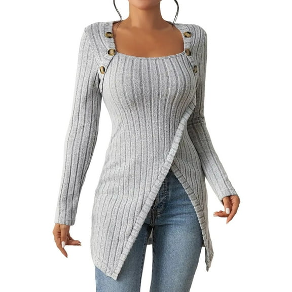 Women Summer Tops Womens Lightweight Asymmetrical Sweaters Long Sleeve Shirts Casual Fall Button Tunic Tops Leopard Blouse Loose Top Top Blouses Women 2022 Fashion Compression Long Sleeve Grey L