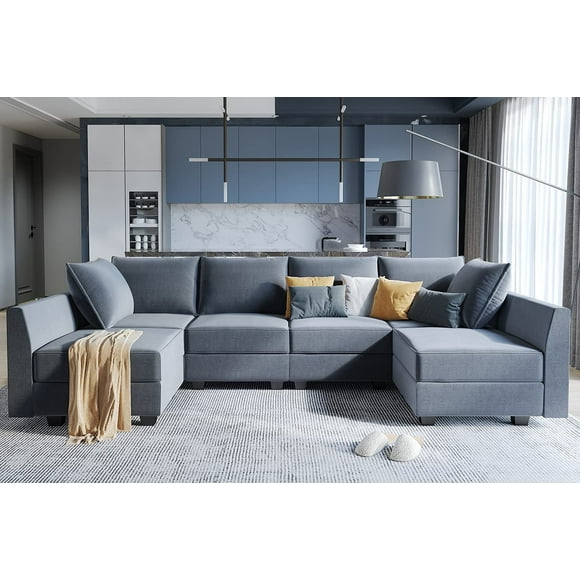 Honbay Modern Upholstered Couch, U-Shape Convertible Sectional Sofa Set with Storage, Bluish Grey
