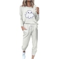 thumbnail image 3 of BiZtdJrK Workout Sweatsuit for Women Ghost Print Long Sleeve Crew Neck Sweatshirts and Drawstring Pants 2 Piece Sets Lightweight Jogger Tracksuits Halloween Outfits with Pockets AD-White L, 3 of 5