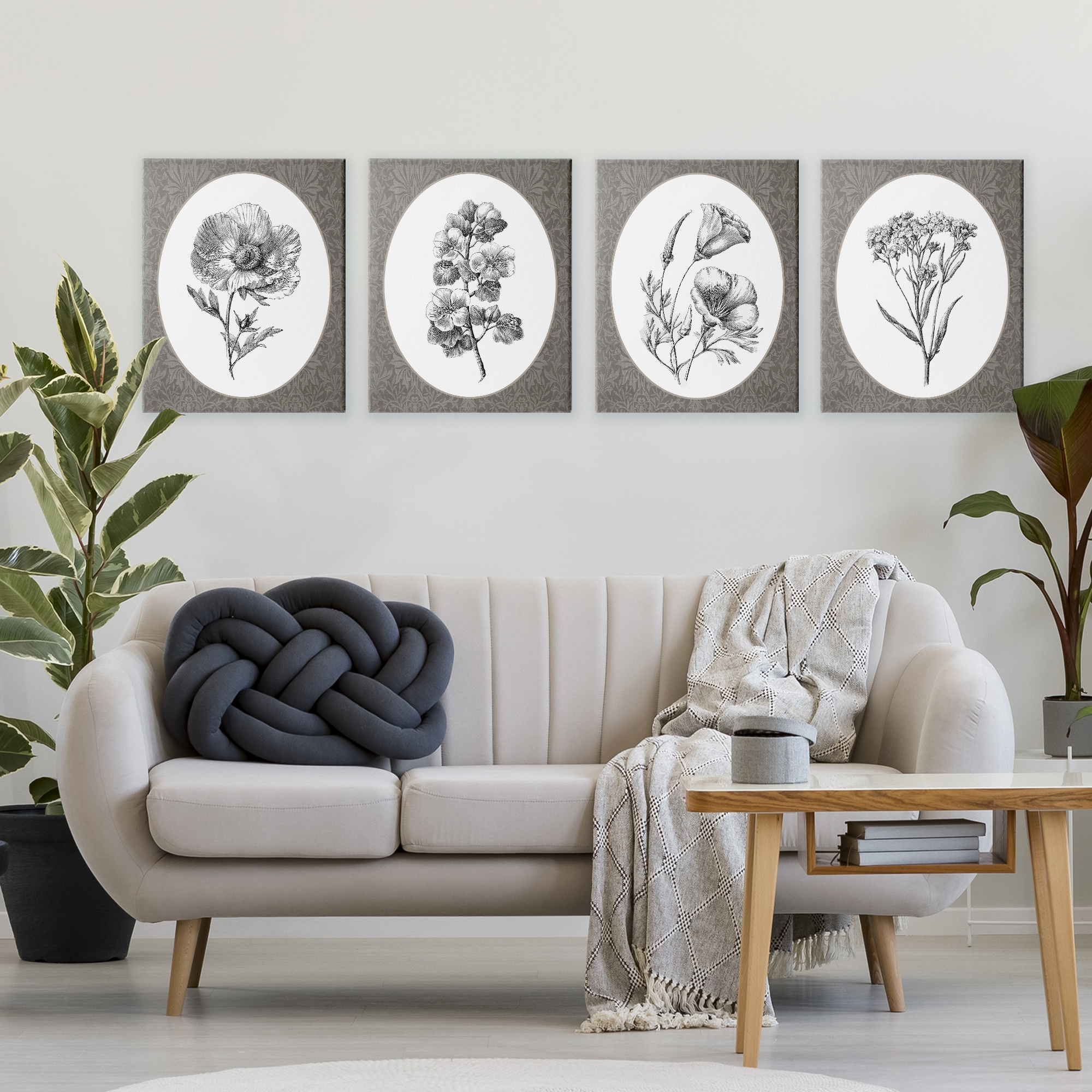 Ornate Blooms over Damask 4 Piece Canvas Wall Art Set, design by Lettered and Lined