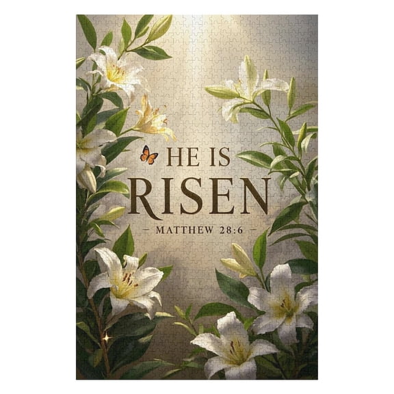 Green Lily Easter He Is Risen Matthew 28:6 500 Piece Jigsaw Puzzle for Adults, Faith-Based Spring Puzzle for Easter Celebration and Home Relaxation
