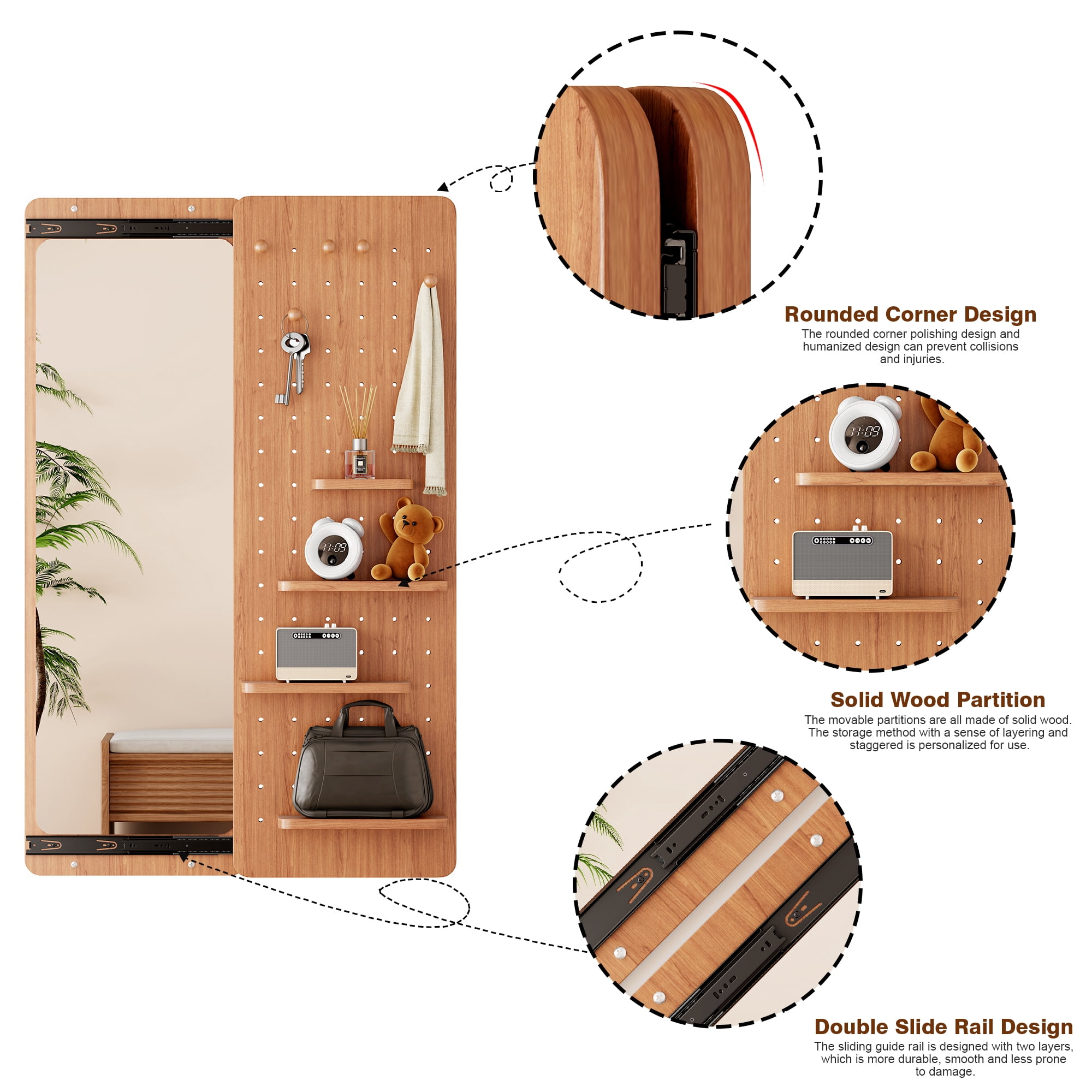 Wall-Mounted Full-Length Mirror with Shelves and Hooks, Push-Pull Panel Design with Dual-Slide Hardware for Bedroom, Cherry