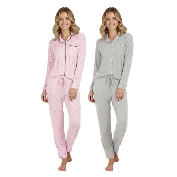 2 Pack Women's Pajama Sets 2 Piece Button Down Long Sleeve Top Pants PJs