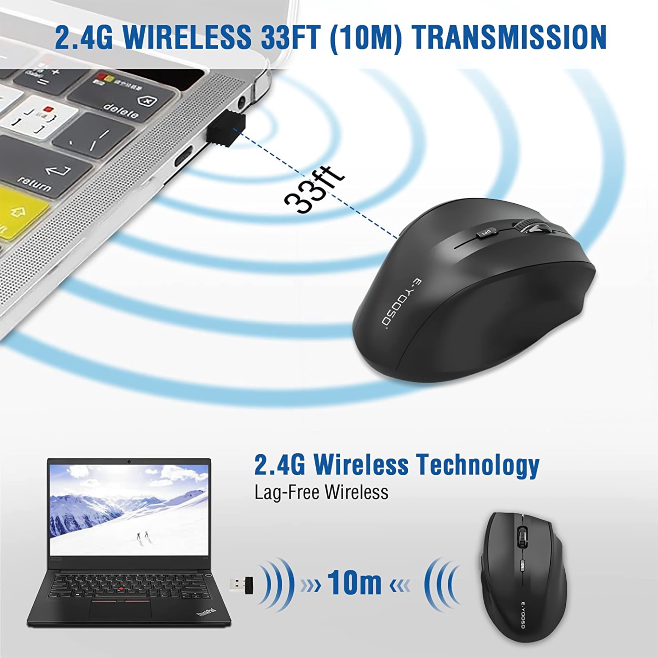 E-YOOSO Wireless Mouse, Computer Mouse 18 Months Battery Life Cordless Mouse, 5-Level 2400 DPI, 6 Button Ergo Wireless Mice, 2.4G Portable USB Wireless Mouse for Laptop, Mac, Chromebook, PC(Black)