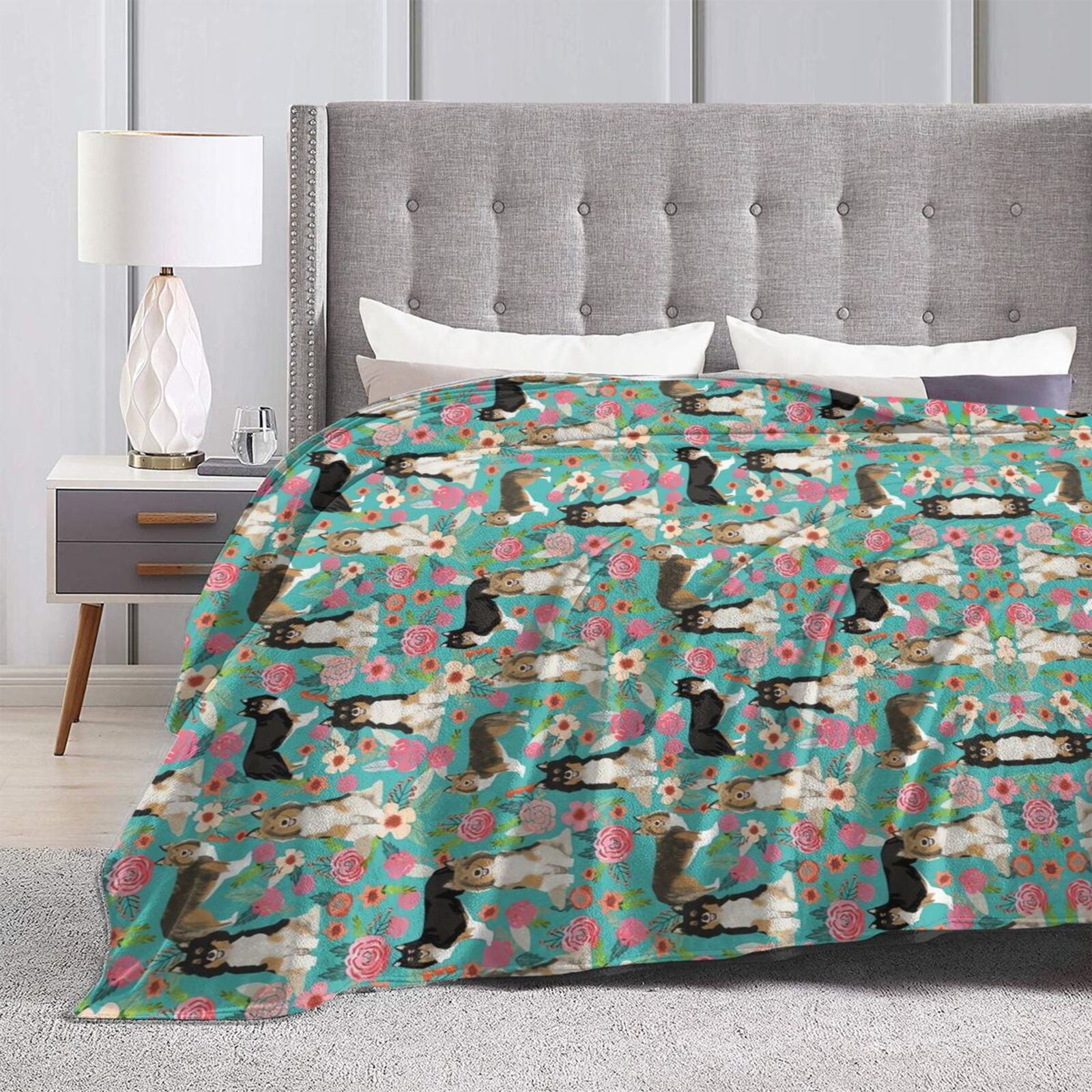 Wijzvio Sheltie Dog Green Flower Floral Throw Blanket Soft Fuzzy Fleece Blanket For Couch Bed Living Room Decoration 50"X40"