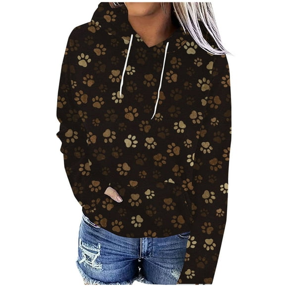 EQWLJWE Hoodies For Women Sweatshirts Long Sleeve Cute Cat Paw Print Patchwork Hooded Pullover Fall Trendy Loose Clothes With Pocket Halloween Sweatshirts For Women