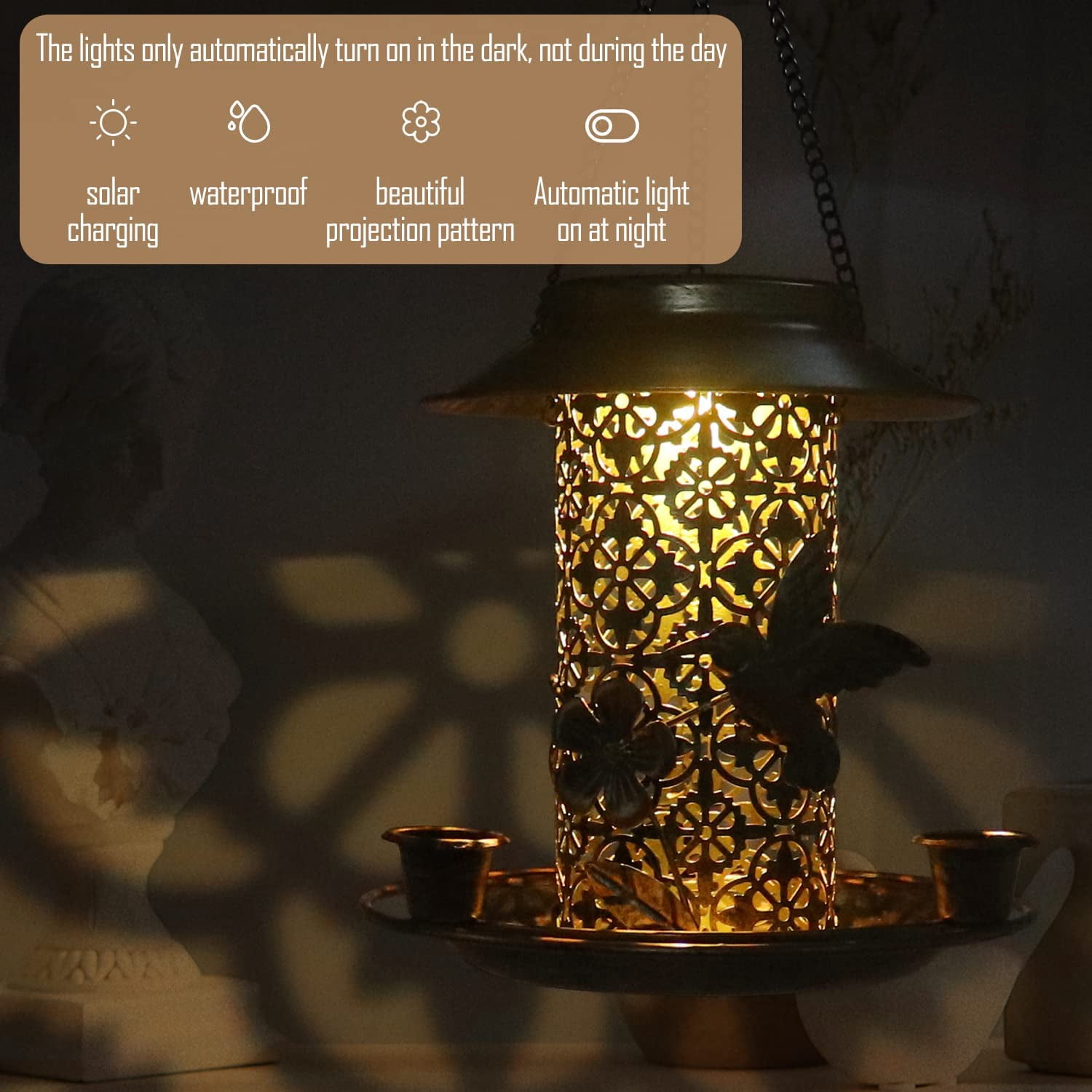 Bird Feeders with Solar LED Light - Metal Hummingbird Feeders for Outdoors Hanging - Bird Feeders with 3 Water Feeder Cup - Outdoor Garden Yard Lawn Decoration