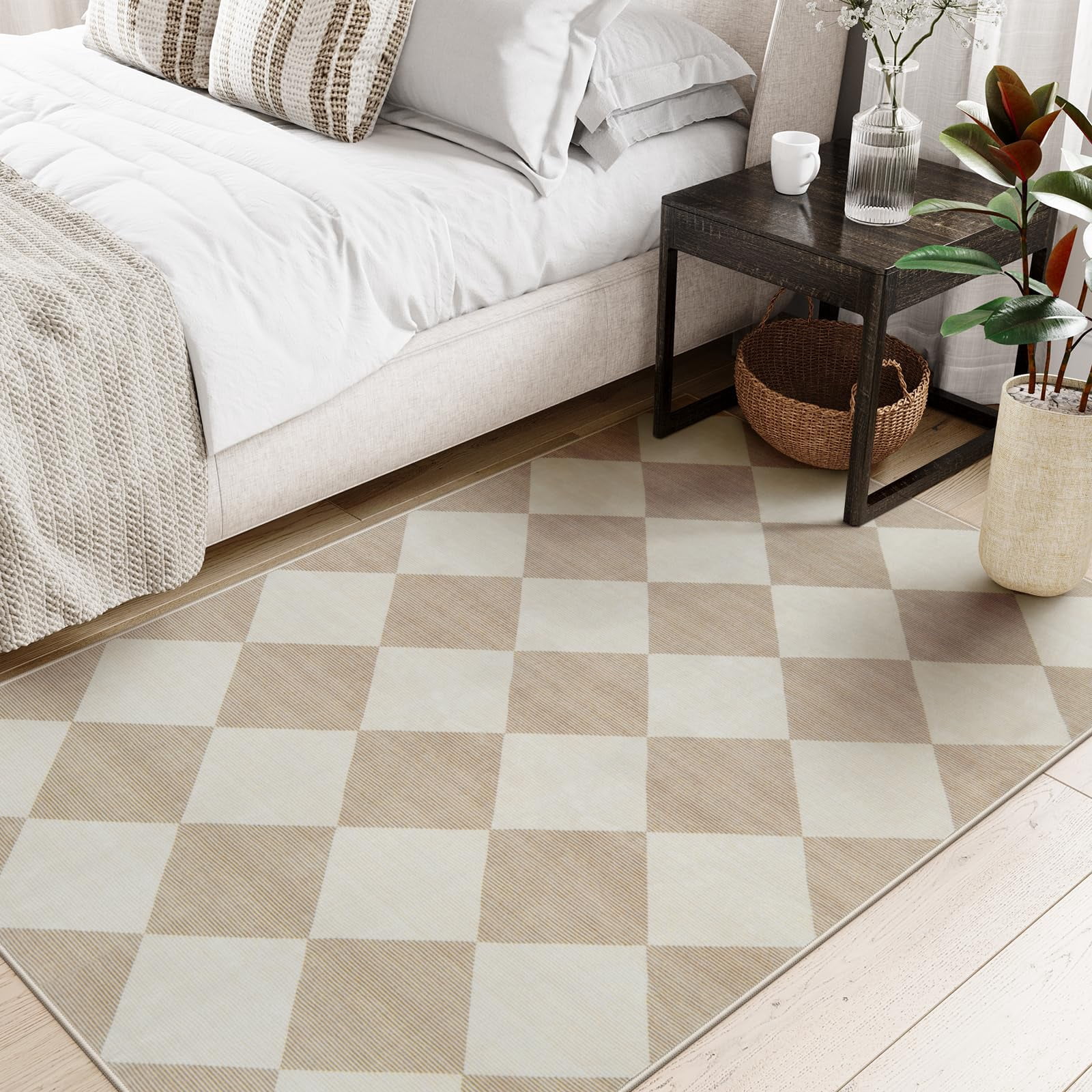 Lahome Decor 3'x5' Modern Washable Area Rugs for Living Room, 3x5ft Non-Slip Rugs for Bedroom, Farmhouse Checkered Rug, Moroccan Neutral Soft Low Pile Carpet for Office Dining Room Playroom,Beige
