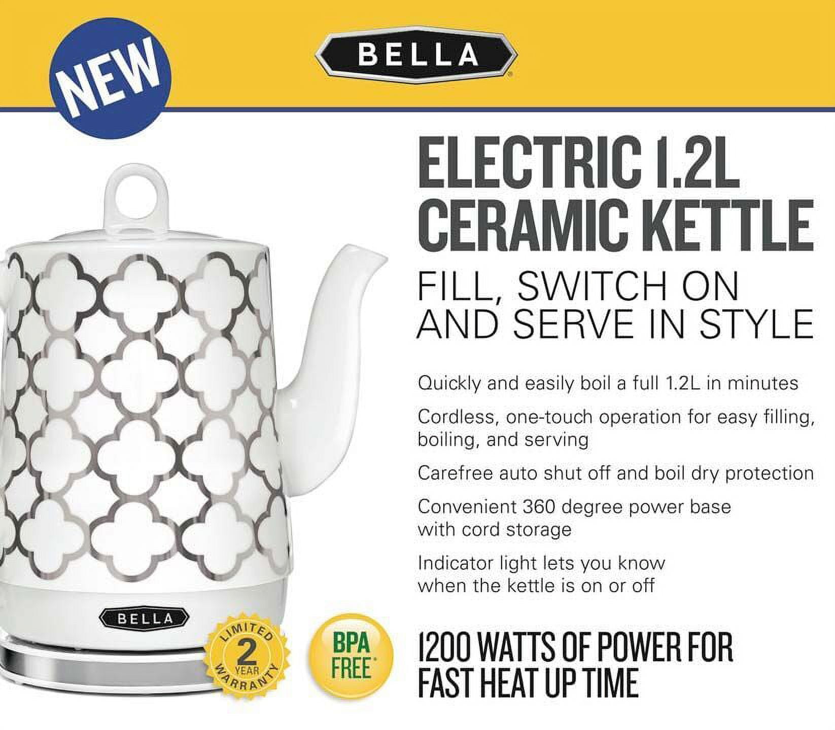BELLA 1.5 Liter Electric Ceramic Tea Kettle with Boil Dry Protection &  Detachable Swivel Base, Silver Foil