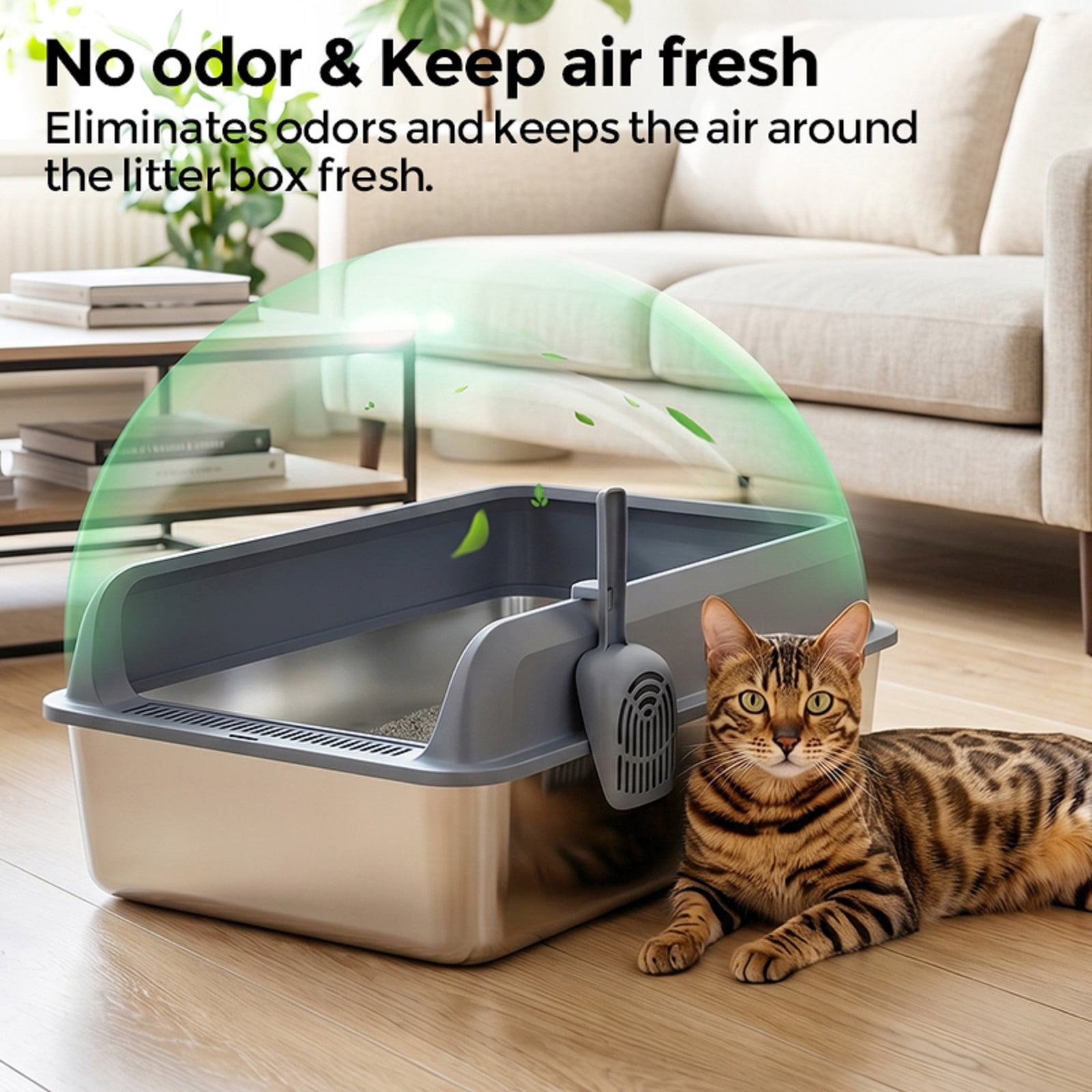 Stainless Steel Litter Box, High Sided Cat Litter Box, Metal Litter Pan with Lid, Extra Large Litter Box with Scoop, Dark Gray