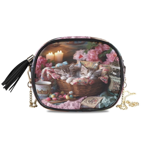 Womens Casual Chain Shoulder Bag Simple style Sleeping Kittens in Wicker Basket Crossbody Bag