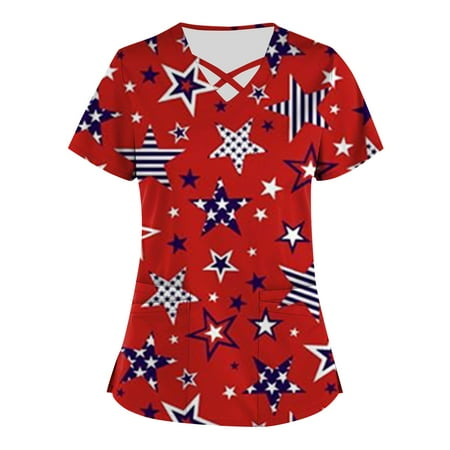 

TKing Fashion Womens Summer Plus Size Independence Day Short Sleeve V-Neck Printed Tops Scrub Nursing Working T-Shirt with Pocket Wine 3XL
