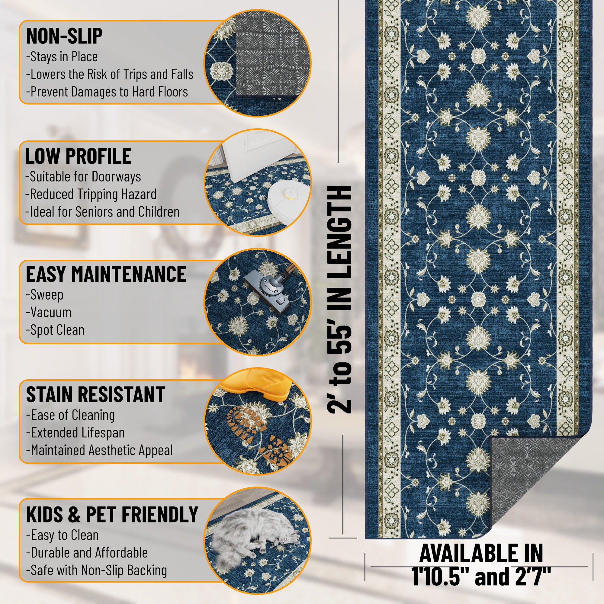 Ottomanson Front Door Mat for Inside 1'10.5" x 3' Soft Non-Slip Washable Rug, Mahal Navy