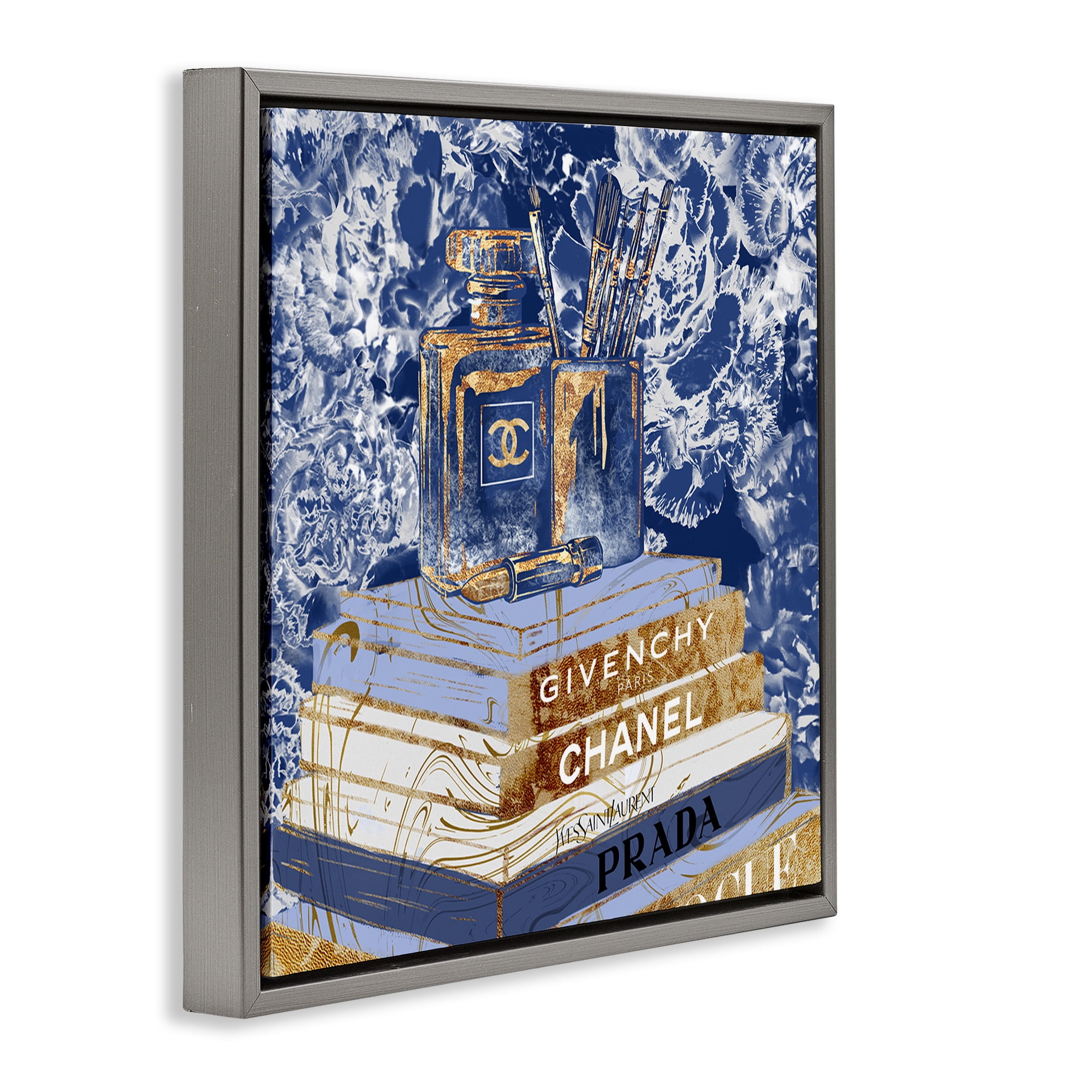 Stupell Industries Blue Fashion Book Pile Beauty & Fashion Painting Gray Floater Framed Canvas Art Print Wall Art, 18 x 18