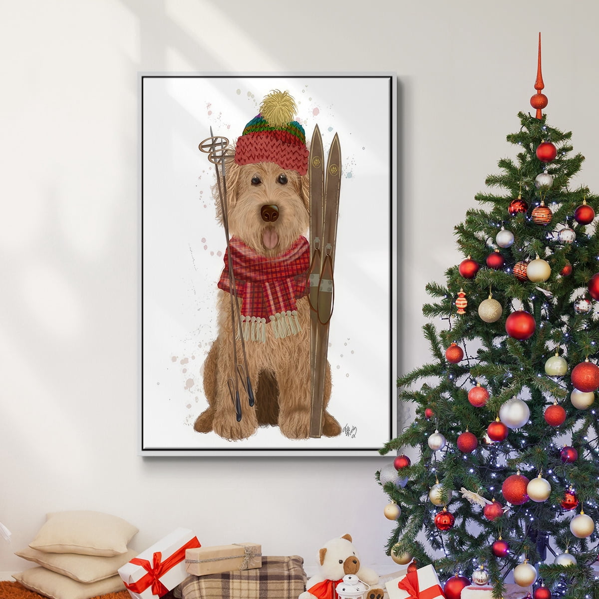 Goldendoodle Ski Dog - Framed Gallery Wrapped Holiday Canvas - 17 x 25 - White Frame
