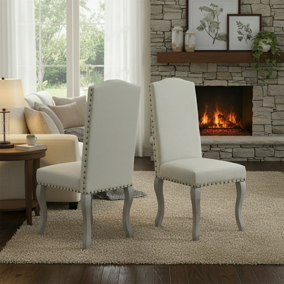 Nancy Victorian Nail Head Accented Light Beige Fabric Accent Dining Chair, Set of 2