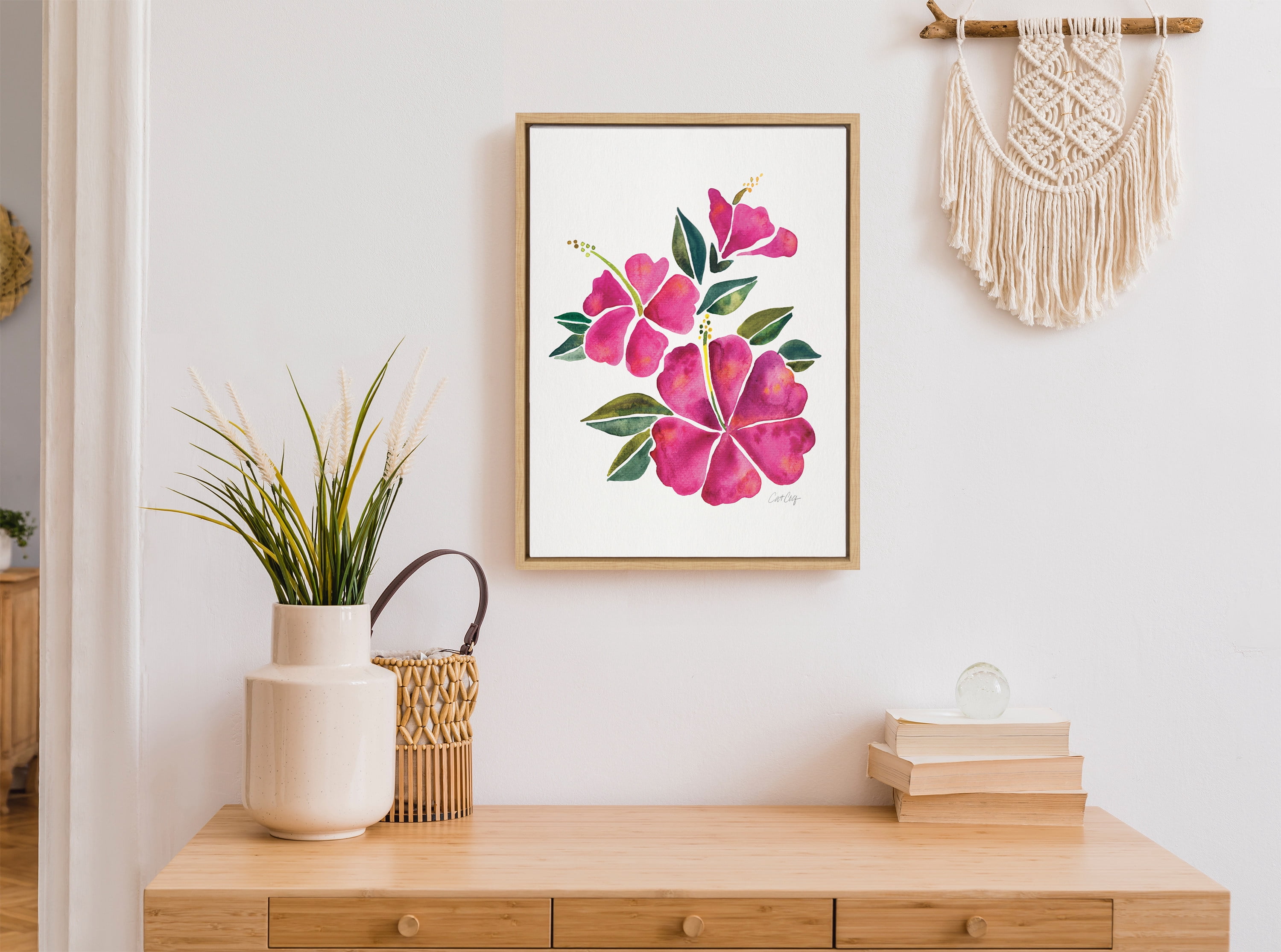 Kate and Laurel Sylvie Hibiscus Bloom Fuchsia Framed Canvas Wall Art by Cat Coquillette, 18x24 Natural, Colorful Floral Art for Wall