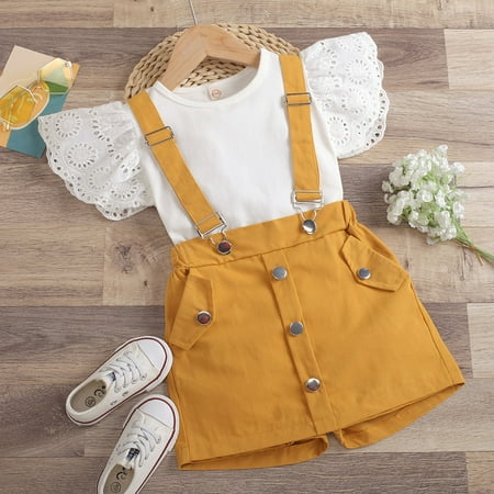 

Toddler Kid Little Girls Summer Outfits Ruffle Sleeveless T-Shirt Tops Suspender Shorts Skirt Overall Casual Clothes Set