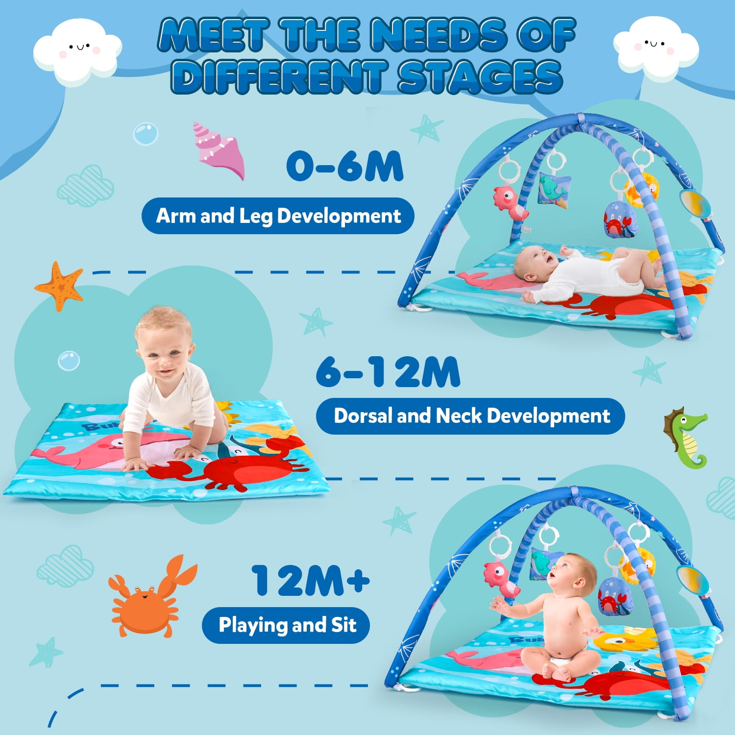 UUSUOO Baby Gym Play Mat,Tummy Time Mat With 5 Sensory Toys,Busy Baby Mat for Visual, Hearing, Sensory,Baby Toys 0-6 Months,Christmas Gifts for Toddler Infant 0-3-6-9-12 Month
