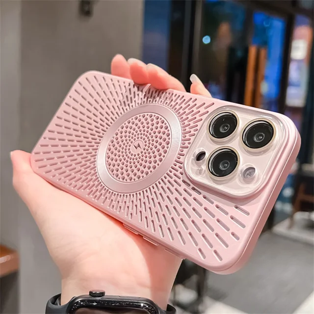 Ultra Slim Heat Breathable For Magsafe Magnetic Case For iPhone 15 16 13 Pro Max Matte Cool Breathable Wireless Charge PC Cover pink For iPhone 14 ProMax