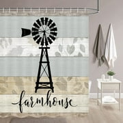 Farmhouse Windmill Shower Curtain, Teal Grey Vintage Rustic Wooden Plank Bathroom Curtain, Country Wooden Plank Polyester Fabric Shower Curtain Set with Hooks, 69x70inches