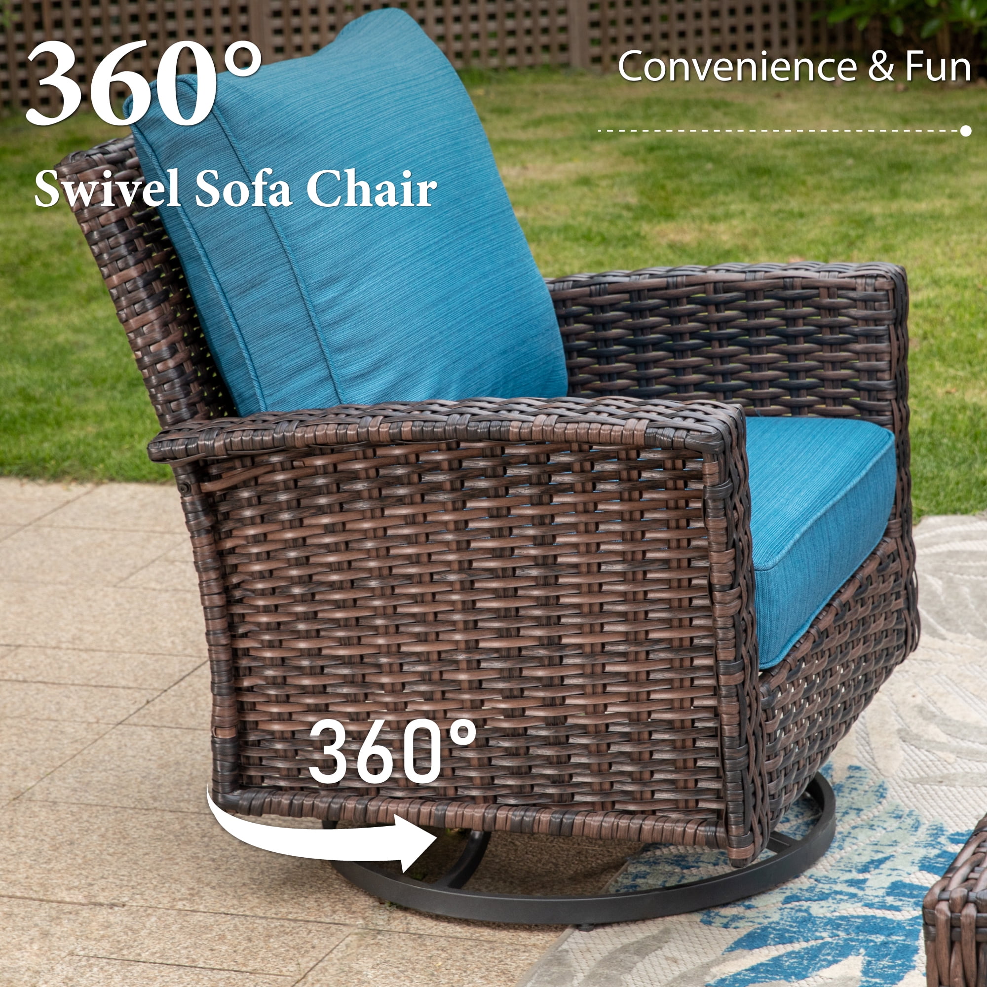 SUMMIT LIVING 7-Seat Wicker Patio Furniture Set with 2 Swivel Chairs & 3-Seat Sofa with 2 Ottoman, Outdoor Sectional Conversation Set for Garden, Peacock Blue