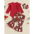 thumbnail image 5 of Baby Toddler Girl Christmas Outfit, 0 3 6 12 18 Months Letter Print Ruffle Long Sleeve Romper Santa Claus Plaid Flare Pants Headband 3 Piece Clothing Set, 5 of 9
