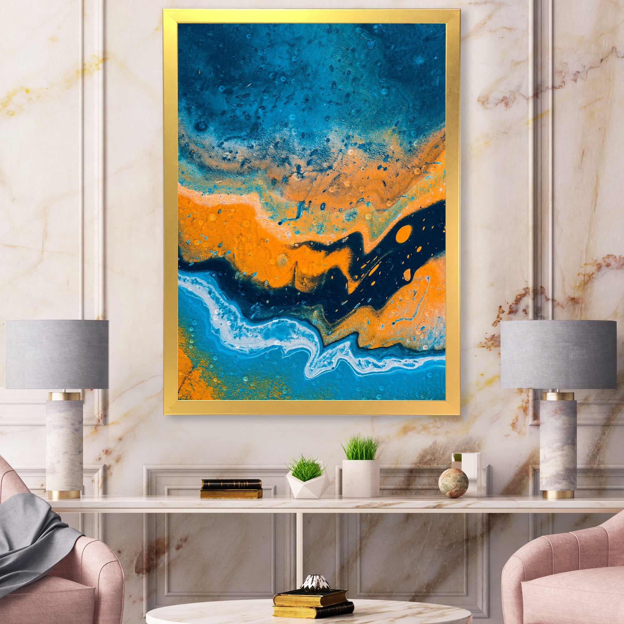 Designart 'Abstract Marble Composition In Orange and Blue IV' Modern Framed Art Print