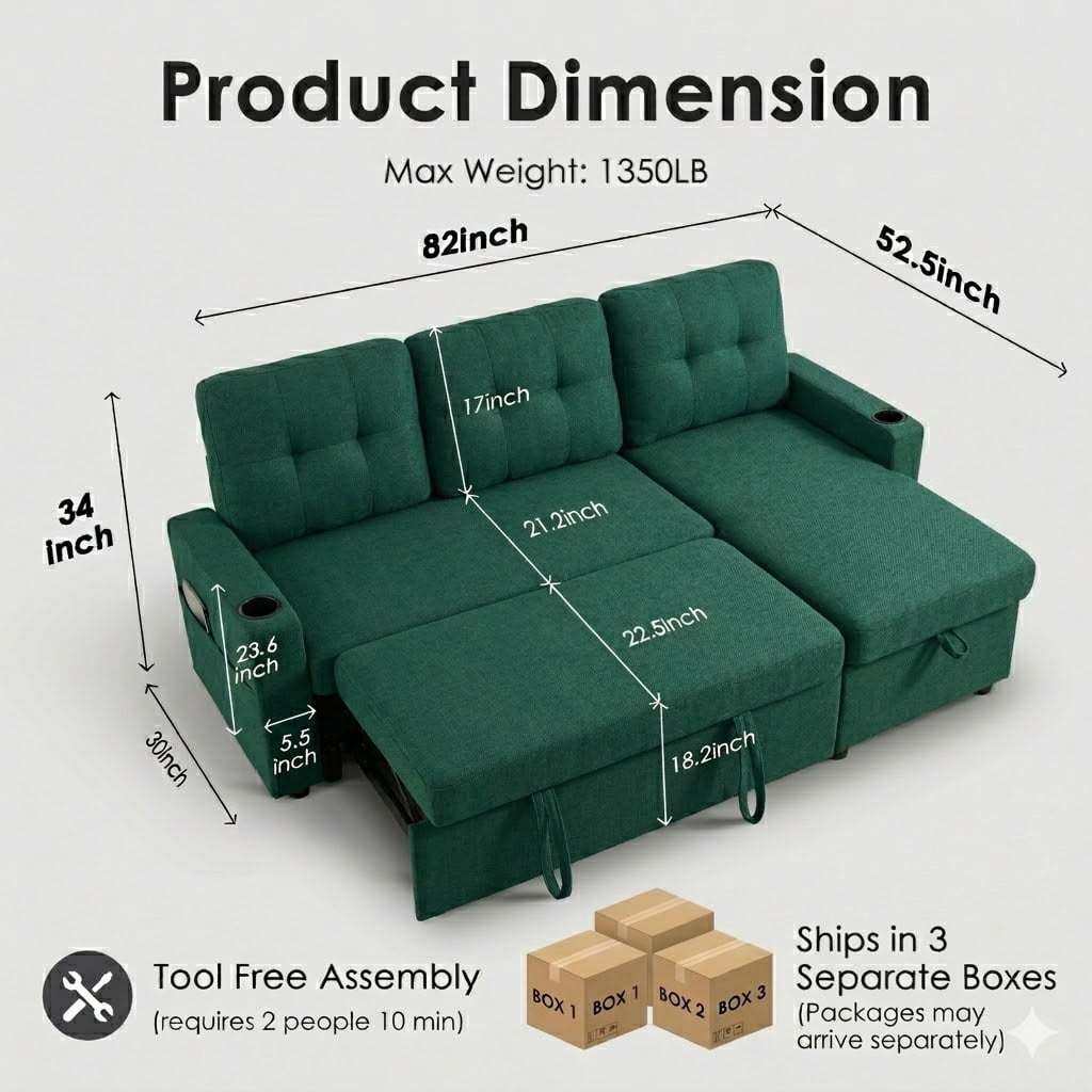 Howcool 82" Convertible Sleeper Sofa Bed, Pull-Out Couch with Reversible Storage Chaise, L-Shaped Sectional Couch with USB Charging, Linen Fabric Sofa for Small Living Room Apartment,Green