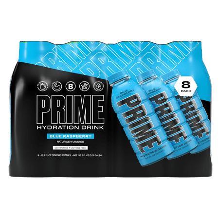 Prime Hydration Drink, Blue Raspberry, 16.9 fl oz, 8 Pack Bottle