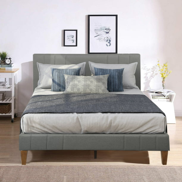 Upholstered Platform Bed Frame Wood, Queen Size Bed Frame No Box Spring Required