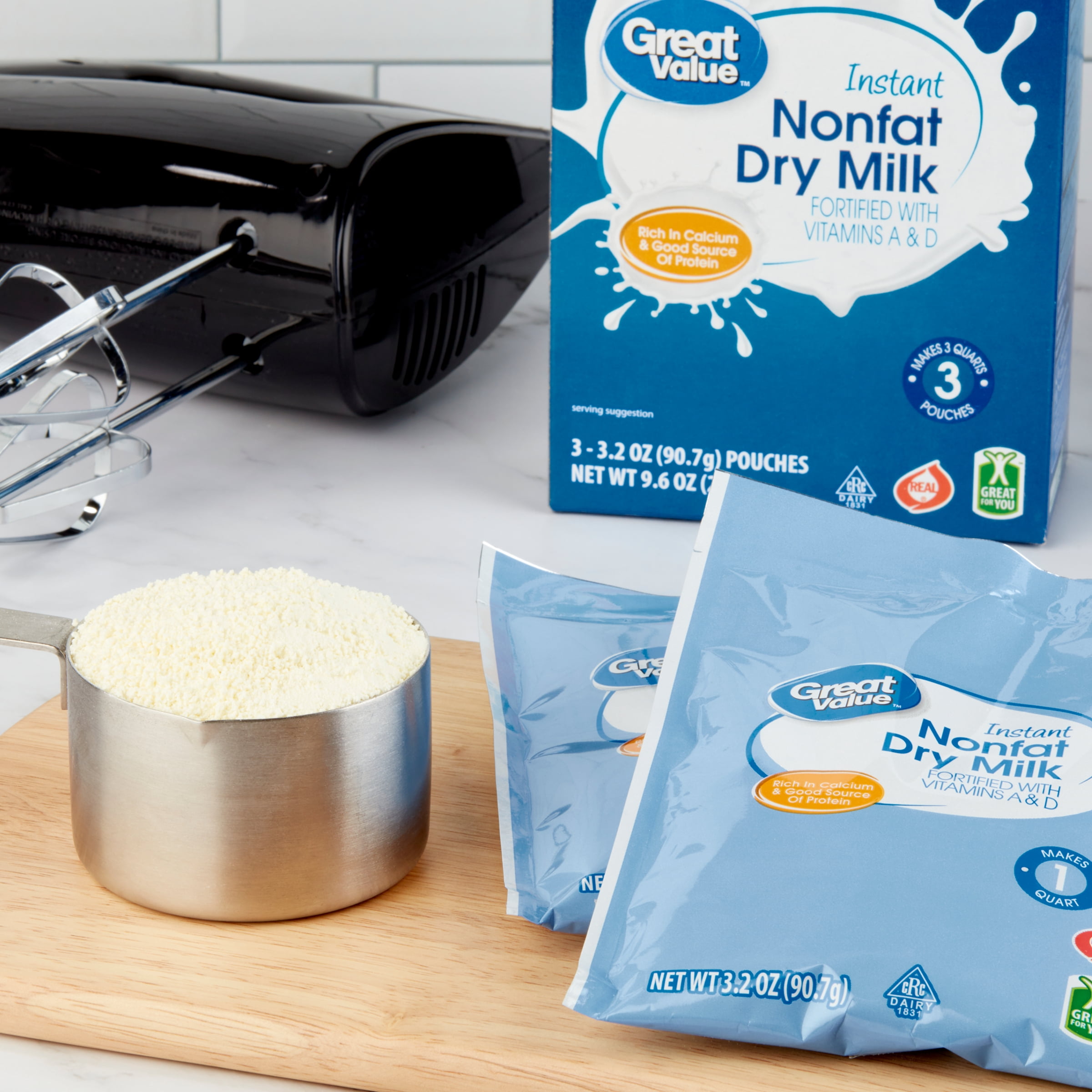 Great Value Instant Nonfat Dry Milk, 3.2 oz Pouches (3 Count), Makes 3 Quarts