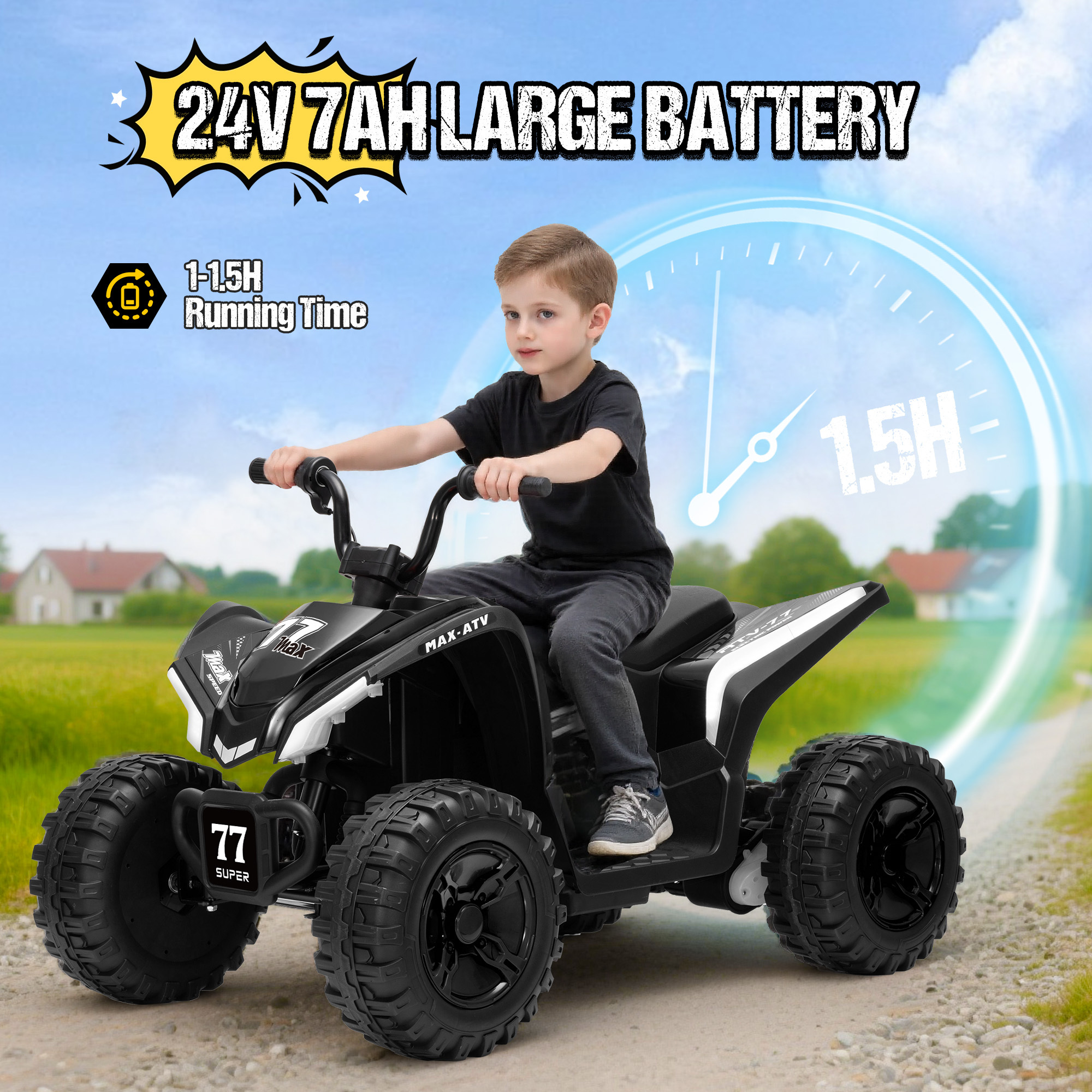 Kids ATV 4 Wheeler, Two Seater 24V Ride On Toy for Big Kid w/Unique LED Light, Music, Wireless, Story, 24 Volt Ride on Car Electric Quad for Boys Girls, Black