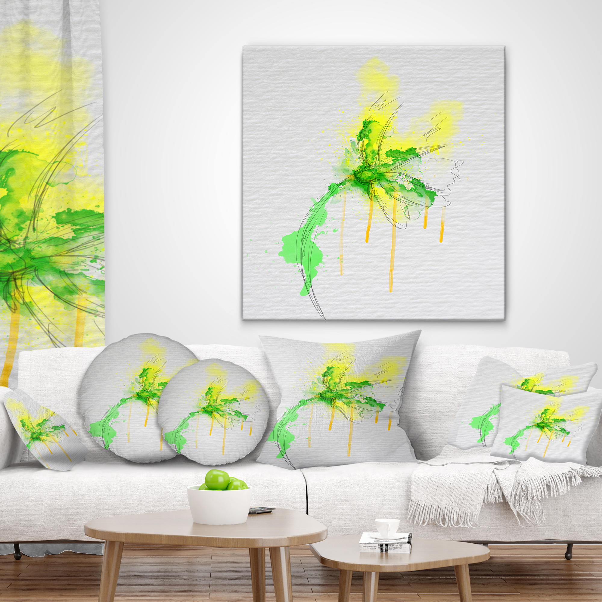 Designart Beautiful Yellow Green Flower Sketch - Floral Throw Pillow - 12x20