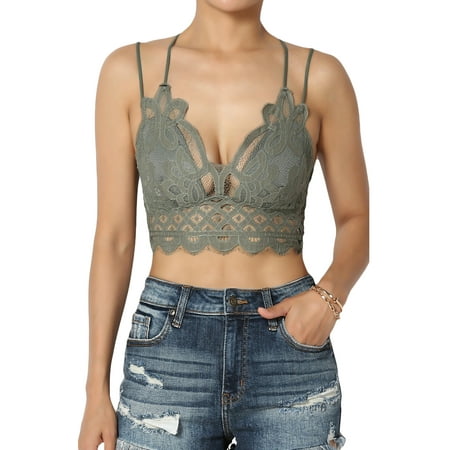 

TheMogan Women s S~3X Cross Strap Smocked Back Crochet Lace Bralette Pad Bra Top