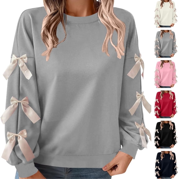 Tops for Women Crewneck Long Sleeve Sweatshirt with Bow Decorated Balloon Sleeves Loose Pullover Top Sweet & Casual Style